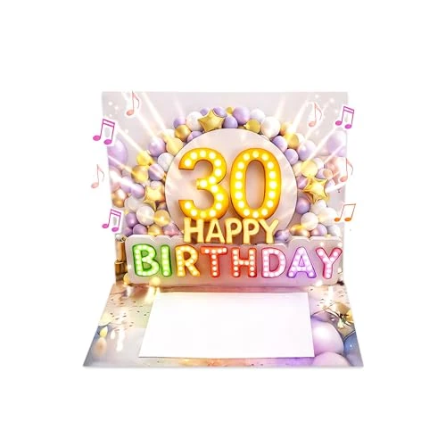 Offre limitée : Joli Coon Carte anniversaire 30 ans avec musique et lumière – Carte pop up 3D pour le 30e anniversaire femme avec effet lumineux, enveloppe et autocollant sceau – 20 x 15 cm de 11.72 € à 9.99 € (15% de remise)