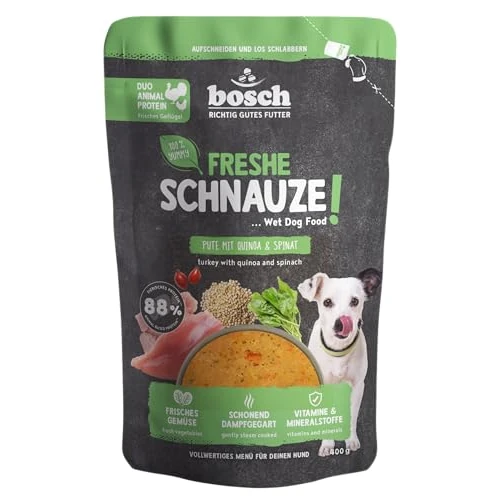 Offerta a tempo: Bosch Freshe muso, tacchino con quinoa e spinaci 1 x 400 g, cibo umido per cani, mangime completo completo ad alto contenuto di carne, 400 g - 10% da 2.84 € a 2.55 €