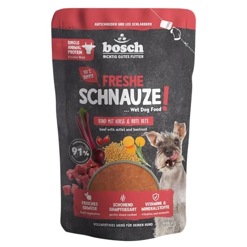 Tijdelijke aanbieding: Bosch Freshe Snuit, rundvlees met gierst en rode biet, 1 x 400 g, zacht gestoomd natvoer voor honden, volwaardig compleet voer met hoog vleesgehalte, 400 g hondenvoer van 5.63 € naar 5.63 € (0.00% korting)