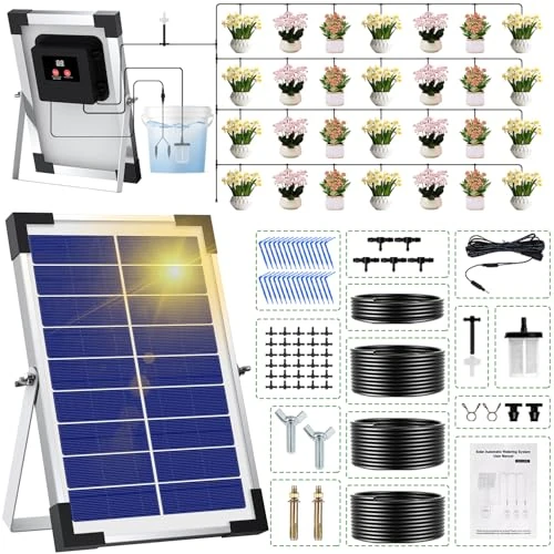 Solar Bewässerungssystem für 30 Topfpflanzen, Automatische Bewässerung Garten, 35M Schlauch und 300 Bewässerung Modi, Tröpfchenbewässerung für Garten, Gewächshaus, Balkon, Topfpflanzen im Freien