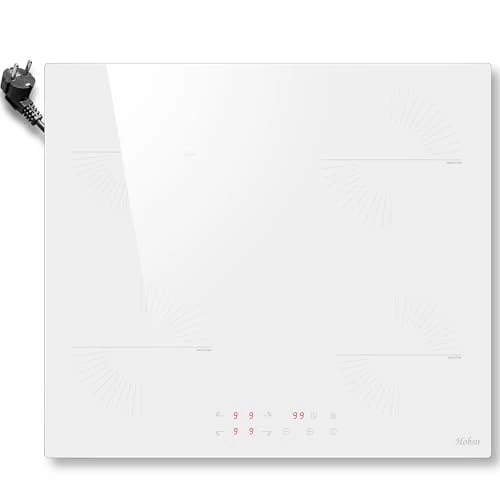 Hobsir Płyta indukcyjna z 4 płytami z wtyczką, płyta kuchenna do zabudowy 60 cm, białe szkło ceramiczne, obsługa dotykowa, 9 poziomów mocy, timer i zabezpieczenie przed dziećmi, 220-240 V, 3500 W