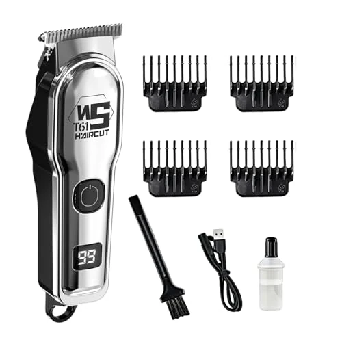 Professional Men's Hair Clipper, Wireless Hair Clipper for Hair Machine, Precision Cutting, Titanium Blades, Intelligent Battery Indicator, Silver