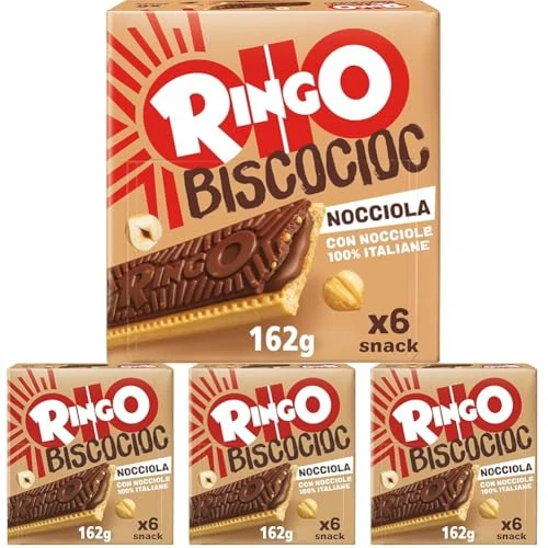 Pavesi Ringo Bisco Cioc Nocciole, Biscotto Ripieno di Crema con Nocciole Italiane 100% e Copertura di Cioccolato per Snack Dolce e Gustoso per la Merenda - Confezione da 24 Snacks - 162 g