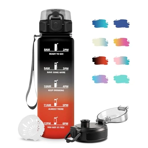 JAPORIA Cantimplora 1L, Botella Agua con Marca de Tiempo, Botella Deportiva con Filtro, Cantimplora Motivacional, Garrafa Agua sin BPA para Escuela, Oficina, Sport, Yoga, Gimnasio