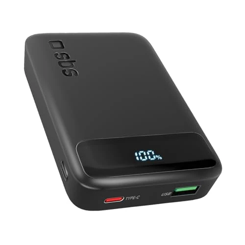 SBS Compact PowerBank, 10000mAh, 20W Power Delivery (PD 3.0 PPS), AFC, Powerbank mit Schnellladung, LCD-Display, USB-C, USB-A, Tragbares Reise-Ladegerät, Kompaktes Design, Schwarz