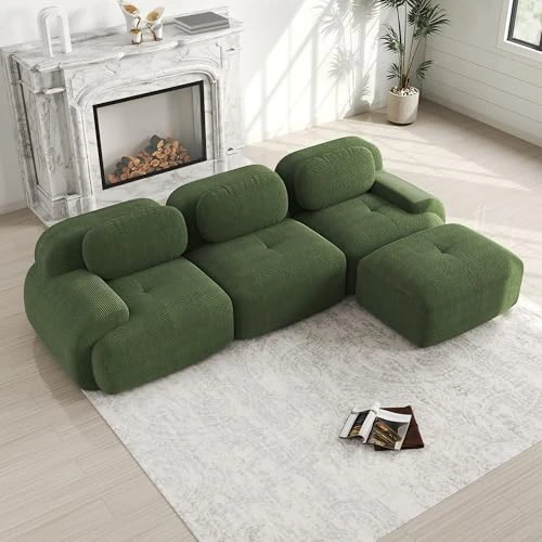 Bladez Modernes 3-Sitzer Cord Sofa Modulares L-förmiges Ecksofa mit Ottoman Hocker, Ohne Montage, Cloud Polstersofa Couchs kombinierbar, für Wohnzimmer (Grün, 3-Sitzer+1)