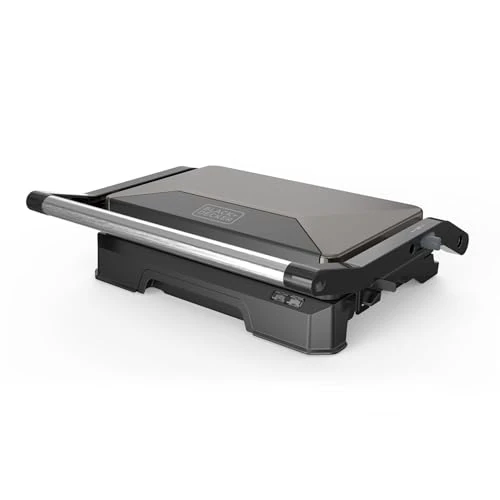 Black+Decker – Grill BXGR1001E | 1000W | Apertura 180º | Piastre 23x14,5cm con blocco | Doppio strato antiaderente | PFOA free | Piastra basculante | Vaschetta di raccolta | Spie luminose | Cool-touch