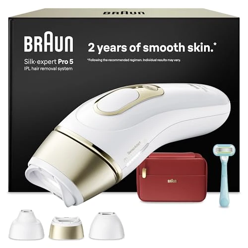 Braun Smart IPL Geräte Haarentfernung Silk·expert Pro 5 — Professionelle Dauerhafte Laser Haarentfernung für Zuhause, Designed in Germany — Inkl. Etui, Venus Rasierer, 3 Aufsätze — PL5321, Weiß/Gold