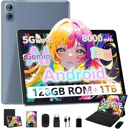 Dghrti Tablette 10.1 Pouces, 22Go RAM (6+16) + 128Go ROM/TF 1To, Octa-Core, 8000mAh, Widevine L1, Écran HD, Caméra 8+5MP, Clavier Bluetooth et Souris Inclus - Gris