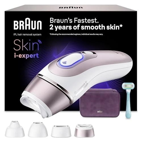 Braun Depiladora Luz Pulsada Smart IPL Skin i·expert, Depilación Láser En Casa Para Cara Y Cuerpo, Reducción Permanente Del Vello, Depiladora Laser Con 4 Cabezales, Neceser y Maquinilla Venus, PL7431