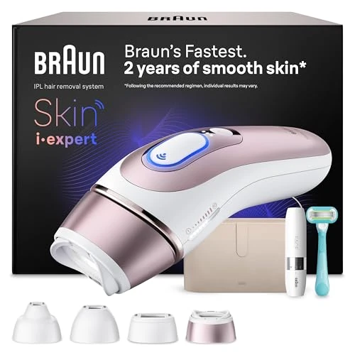 Braun Smart IPL Geräte Haarentfernung Skin i·expert 7 — Dauerhafte Laser Haarentfernung für Zuhause, Designed in Germany Inkl. Etui, Mini-Rasierer, Venus Rasierer, 4 Aufsätze — PL7442, Weiß/Rosegold