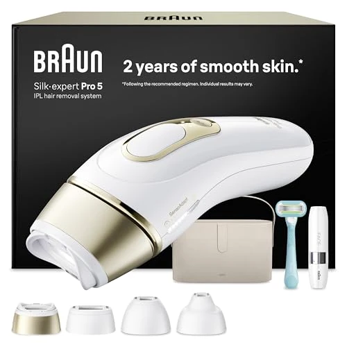 Braun Smart IPL Geräte Haarentfernung Silk·expert Pro 5 — Dauerhafte Laser Haarentfernung für Zuhause, Designed in Germany — Inkl. Etui, Mini-Rasierer, Venus Rasierer, 4 Aufsätze — PL5442, Weiß/Gold