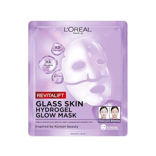 L'Oréal Paris Glass Skin Maschera in Idrogel, Per Tutti i Tipi di Pelle, Pelle Luminosa e Radiosa, Risultati Istantanei, Trend Coreana, Con Acido Ialuronico e Centella Asiatica, Revitalift, 1x37gr