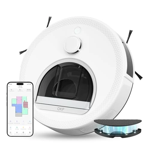 OKP L6 Robot Aspirateur, 6000 Pa, Navigation Laser dTOF, Évitement d'obstacles PSD, 150 Min, Recharge Automatique silencieuse, WiFi 2.4G/5G, Alexa, Idéal pour Poils d'animaux et Sols Durs, Blanc