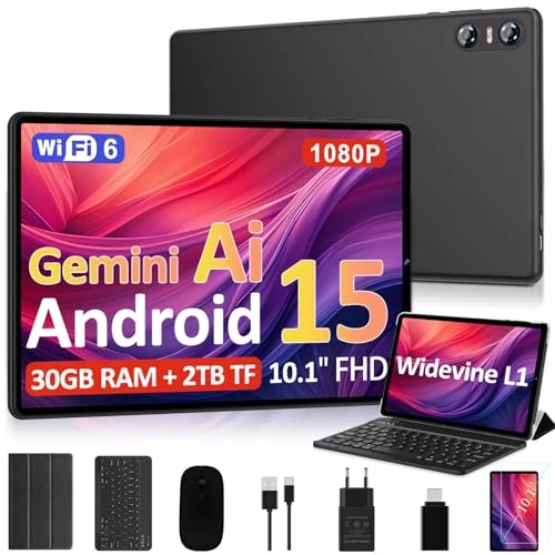 Offerta a tempo: Biegedy 2026 Tablet 10 Pollici Android 15, 30GB RAM + 2TB TF, Gemini AI, Octa-Core, 5G WiFi 6, Widevine L1, GMS, GPS, BT 5.0, 6000mAh, 5MP+8MP, Tablet in Offerta con Tastiera, Mouse - Nero - 67% da 269.99 € a 89.99 €