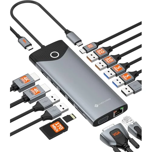 Offerta a tempo: NOVOO Docking Station 15 in 1, Hub USB C - Pulsante On/Off Schermo Esterno, 2 HDMI 4K@60Hz, USB-C/A 10Gbps, VGA, Lettore SD/TF, Ethernet RJ45, PD 100W, Compatibile con MacBook, iPad, Lenovo, Dell - 11% da 50.00 € a 44.70 €