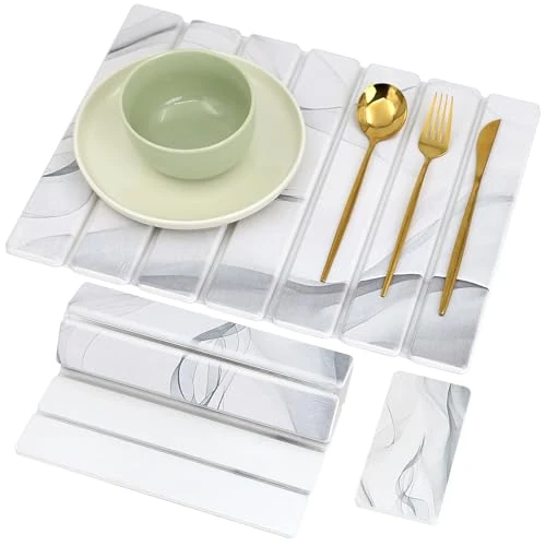 Dish Drying Mat, 40 x 30 cm, Dish Drying Mat Stone Made of Diatomaceous Earth, Stone Mat, Kitchen, Water-Absorbent, Quick-Drying (Wave Pattern with Soap Tray)