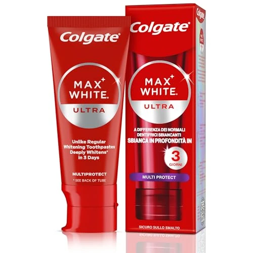 Offerta a tempo: Colgate Dentifricio Sbiancante Max White Ultra Multiprotect 50ml | Denti più bianchi in 3 giorni* | Protegge lo smalto e i Denti Sensibili | Sbiancamento denti | Rimuove Macchie Profonde - 55% da 20.97 € a 9.42 €