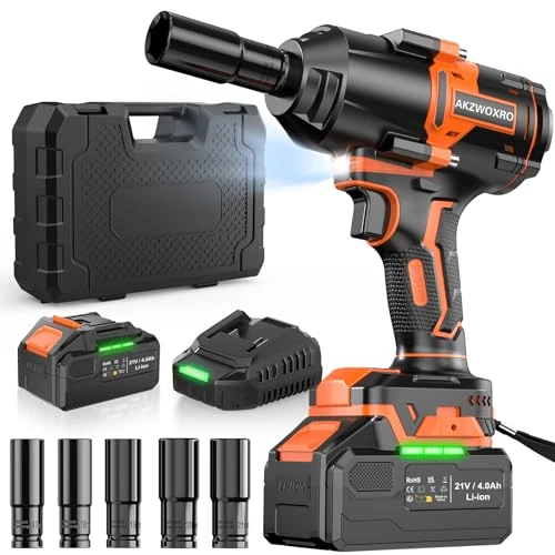 Offerta a tempo: AKZWOXRO 21V Avvitatore a Impulsi 1000N.m, Brushless Chiave a Percussione 1/2" ad Alta Potenza con Batterie da 4,0 Ah e Caricabatterie, 5 Bussole, Trapano a Impulsi per Auto Casa - 21% da 125.99 € a 99.53 €