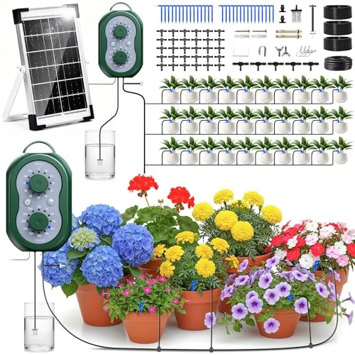 Offerta a tempo: Kit di Irrigazione Automatica Solar, Innaffiare 30 Piante in Vacanza, Sistemi di Irrigazione Automatico con Timer + Tubo Flessibile da 35M per Giardin, Balcone, Piante in vaso - 21% da 59.99 € a 47.49 €