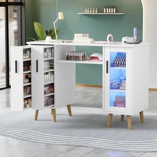 Offerta a tempo: Tavolo per Onicotecnica,Tavolino Professionale per Unghie in Legno con 2 Armadietti Verticali Estraibili,Mobiletto a 3 Ripiani di Grande Capacità,Luci LED Regolabili per Salone di Bellezza,108*45*76cm - 0.00% da 169.99 € a 169.99 €