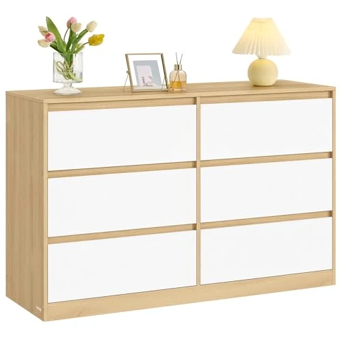 Offerta a tempo: VASAGLE KAILYN Collezione - Cassettiera con 6 Cassetti, Comò, Mobile con Cassetti, Porta Abiti, 40 x 119,4 x 75 cm, Stile Moderno, Beige Rovere e Bianco Nuvola LTS616YJ01 - 10% da 129.99 € a 116.99 €
