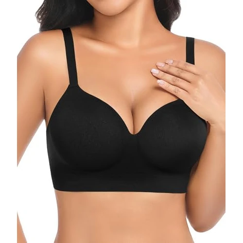 Niwicee Nahtlosen Push Up BH Damen Ohne Bügel Kabellose BHS mit weicher Unterstützung Doppelschicht Cup Normale und Große Größen V-Ausschnitt Starker Halt BH (Schwarz, XL)