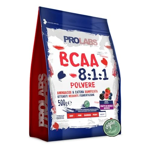 Offerta a tempo: PROLABS– Bcaa Aminoacidi Ramificati Polvere 8.1.1, Amminoacidi 100% Veg con Vitamina B6, B1, L-Leucina (8 parti) Crescita e Recupero Post Intra Pre Workout, Integratore Sportivi, Frutti di Bosco, 500g - 35% da 32.00 € a 20.68 €