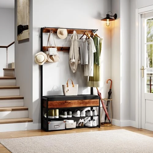 Tcewhhy Perchero con Banco, Perchero con Zapatero, 12 Ganchos Dobles Y Espacio de Almacenaje Abierto, Conjunto de Perchero para Recibidores, Dormitorios Y Salones, 175 X 30 X 100 cm, MarróN Oscuro