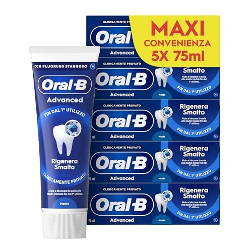 Offerta a tempo: Oral-b Dentifricio Advanced Rigenera Smalto, Sapore Menta Piperita e Eucalipto, 5 Dentifrici, Pulizia Denti Efficaci, Confezione 5x75ml Maxi Convenienza - 60% da 24.99 € a 9.99 €