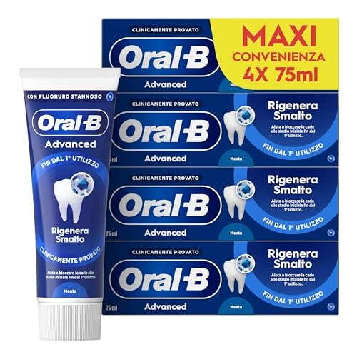 Oral-B Advanced Zahnpasta regeneriert Nagellack, Pfefferminze und Eukalyptus, 4 Zahnpasten, effektive Zahnreinigung, Packung 4 x 75 ml