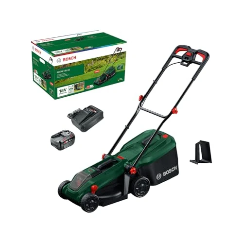 Bosch Akku-Rasenmäher ROTAK18V-32 (Schnittbreite: 32 cm, Schnitthöhe: 25-65 mm, 35 l Stoff-Grasfangkorb, Mulchstopfen, inkl. Akku und Ladegerät)