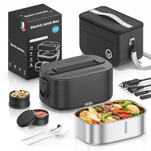 YEEFON Gamelle Chauffante 80W, Lunch Box Chauffante 1,5L, Chauffe Plat Voiture 3 en 1 220V 24V 12V, Acier Inoxydable, Chauffe Gamelle Electrique, Avec Sac Isotherme pour Voiture Camion Bureau