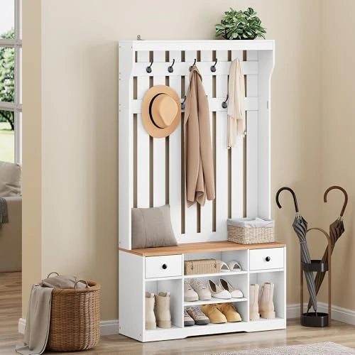 Offerta a tempo: YITAHOME Appendiabiti, Appendiabiti da Terra con Scarpiera, Mobile Ingresso con 9 Ganci e Panca Contenitore, Mobili da Ingresso per Corridoio, 2 Cassetto in tessuto, 100x35x180 cm, Legno Bianco - 36% da 149.99 € a 96.74 €