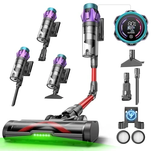 Ultenic U18 Pro Aspirateur Balai Sans Fil – Aspirateur Balai 55kPa Puissant, 80min Autonomie Longue, Aspiration Forte pour Poussière et Poils d’Animaux, Tube Flexible Nettoyage Rapide Maison & Voiture
