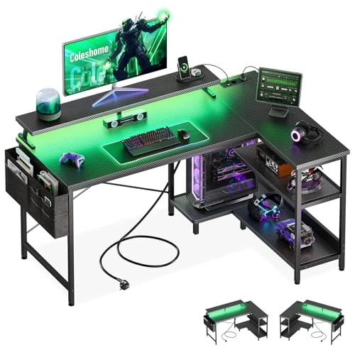 Zeitlich begrenztes Angebot: Coleshome Gaming-Tisch mit Stauraum, 120×80 cm Eckschreibtisch mit Regal & Stofftasche, reversibler L-förmiger Schreibtisch mit Steckdosen & LED für Büro & Arbeitszimmer, Kohlefaser Schwarz von 99.99 € auf 85.49 € (15% Rabatt)