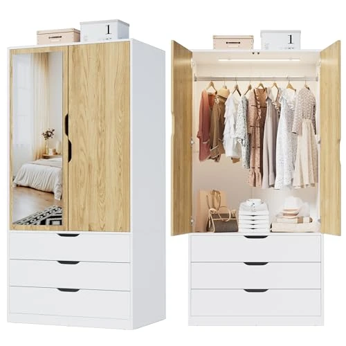 Zeitlich begrenztes Angebot: Kleiderschrank Weiß, Garderobenschrank 2-türiger mit Spiegel | Beleuchtung mit Bewegungsmelder | 3 Schubladen, Moderner Wardrobe Schrank für Schlafzimmer, Kinderzimmer, Flur | 80 x 180 x 50 cm (B/H/T) von 199.80 € auf 199.80 €