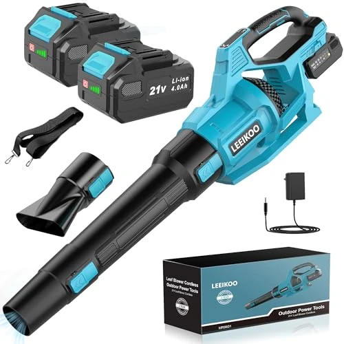 21V Soffiatore a Batteria, Soffiatore Foglie con 2 Batteria 4,0Ah, 3 Impostazioni di Velocità, 2 Tubi di Soffiaggio Staccabili, Cintura per Fango la Pulizia del Giardino