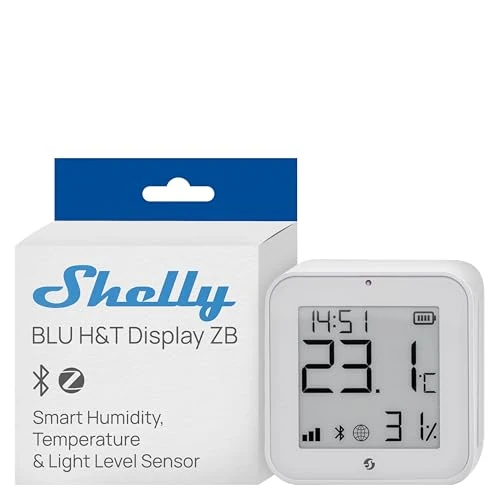 Offerta a tempo: Shelly BLU H&T Display ZB Bianco - Sensore Smart Temperatura e Umidità | Bluetooth & Zigbee, Display E-Paper, Orologio digitale, Monitoraggio Clima, Automazione HVAC, Compatto, Gateway Richiesto - 49% da 41.97 € a 21.28 €