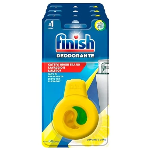 Offerta a tempo: Finish Deodorante Lavastoviglie Fragranza Limone e Lime Fino a 60 Lavaggi Neutralizza Cattivi Odori Profumo Rinfrescante Protegge Previene Opacizzazione Corrosione del Vetro - 4 Confezioni da 1 Dose - 5% da 16.99 € a 16.14 €