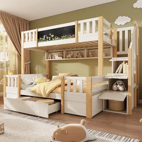 Zeitlich begrenztes Angebot: NuvlaGu Etagenbett für 3 Kinder 90x200 & 140x200 aus Massivholz mit Kreidetafel, Stauraum-Treppe, 2 Schubladen und Leiterschrank, stabiles Hochbett/Stockbett Jugendbett (Holz-weiße) von 518.99 € auf 518.99 € (0.00% Rabatt)