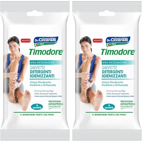 Offre limitee: Timodore, Lingettes Nettoyantes Hygiénisantes, Spécifiques pour Nettoyer les Pieds Fatigués et Chauds Grâce à l'Extrait de Thym, 100% Made in Italy, Dermatologiquement Testé, 15 unités (Lot de 2) de 15.40 EUR a 15.40 EUR (economie 0%)