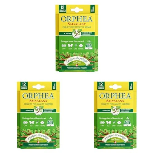 Orphea Salvalana Foglietti per Cassetti E Armadi, Protegge Lana E Vestiti Tutta La Stagione, Profumo di Legno di Cedro della Virginia, 12 Foglietti Emanatori (Confezione da 3)