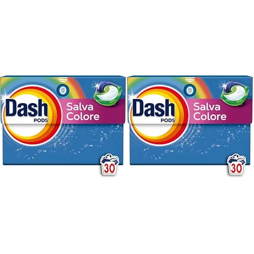 Dash Pods Detersivo In Capsule, 30 Lavaggi, Salva Colore, Rimuove Le Macchie, Igienizza, Brillantezza Per I Capi (Confezione da 2)