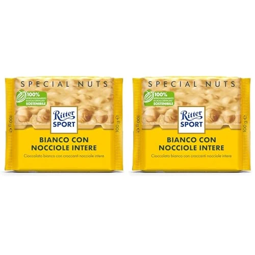 Ritter Sport Bianco Nocciole Intere Tavoletta di Cioccolato Bianco con Nocciole Intere e Riso Soffiato, 100g (Confezione da 2)