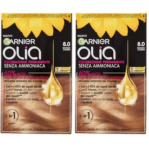 Offerta a tempo: Garnier Olia Tinta Capelli, Colorazione Permanente Senza Ammoniaca, Copre il 100% dei Capelli Bianchi, Con Oli di Fiore di Origine Naturale, Formula Vegana, Biondo Chiaro (Confezione da 2) - 35% da 17.80 € a 11.54 €