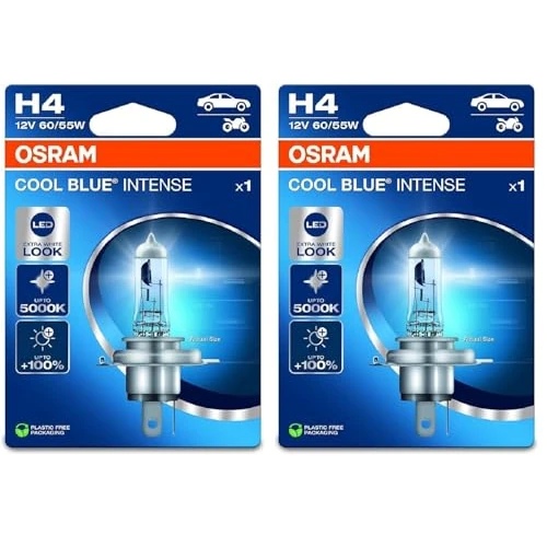 OSRAM COOL BLUE INTENSE H4, +100% di luminosità in più, fino a 5.000 K, lampada frontale alogena, aspetto LED, blister singolo (1 lampada) (Confezione da 2)
