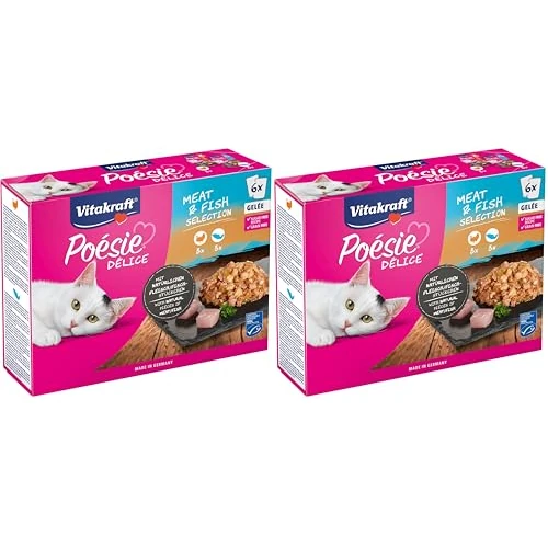 Vitakraft Poésie Délice, Meat e Fish Selection, alimento umido gatto in gelatina, con petto di tacchino,salmone, senza l'aggiunta di zuccheri e cereali (1 confezione con 6x 85g) (Confezione da 2)