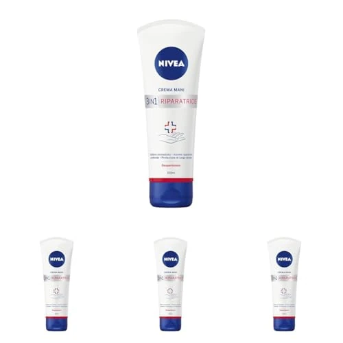 NIVEA Crema Mani Riparatrice 3in1 da 100 ml, Crema mani secche, arrossate e screpolate con Dexpanthenolo, Formula riparatrice e nutriente (Confezione da 4)