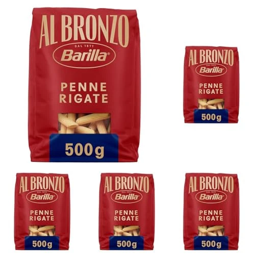Offerta a tempo: Barilla Pasta Al Bronzo Penne Rigate 100% Grano Italiano, Pasta Trafilata Al Bronzo con Lavorazione al Bronzo Grezzo, Ruvidità Intensa, Formato Spesso e Corposo, Alta Tenuta di Sugo e Cottura, 500 g - 42% da 6.45 € a 3.75 €